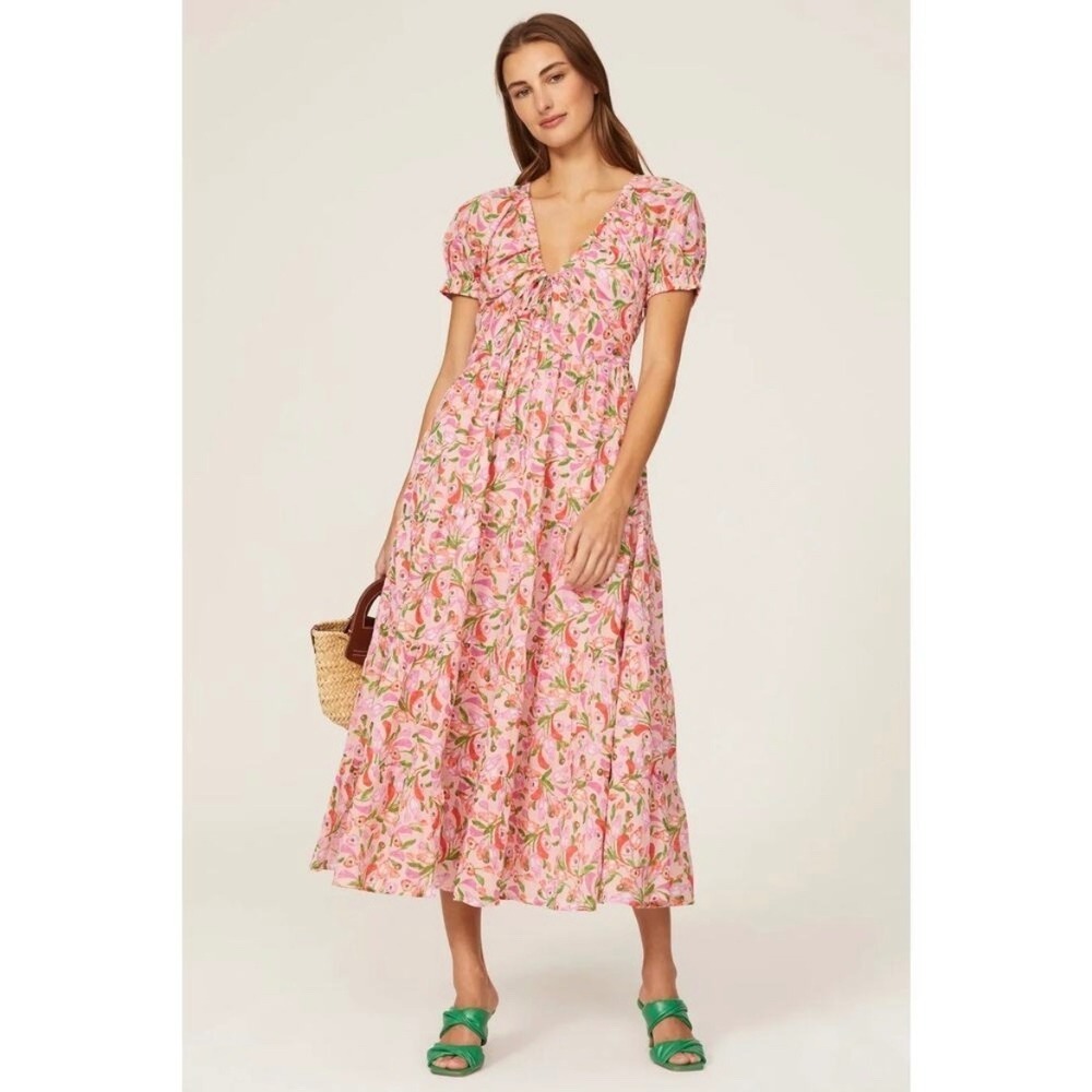 Banjanan Norma Dress Pink Floral Print Puff Sleeve Midi Size 2 V Neck Tie Front